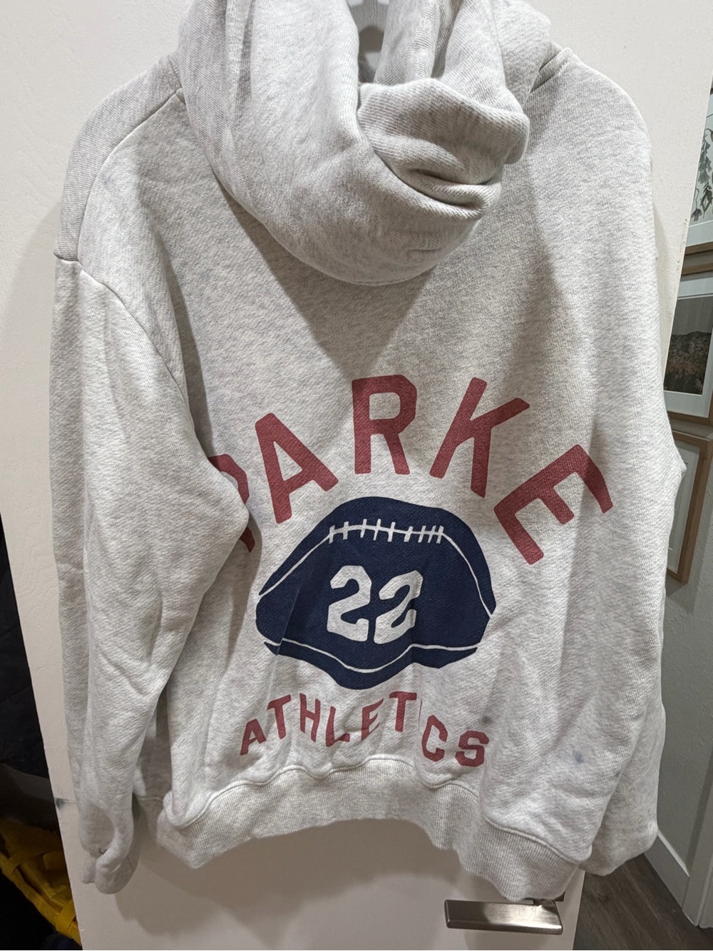 Parke s/m Light Gray Hoodie Sweatshirt with Red & Navy Athletic Graphic